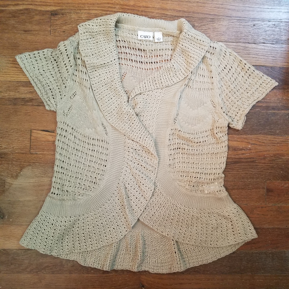 Daisy Jones Boho Hippie Crochet Knit Short Sleeve Cardigan Top Beige Sz Small